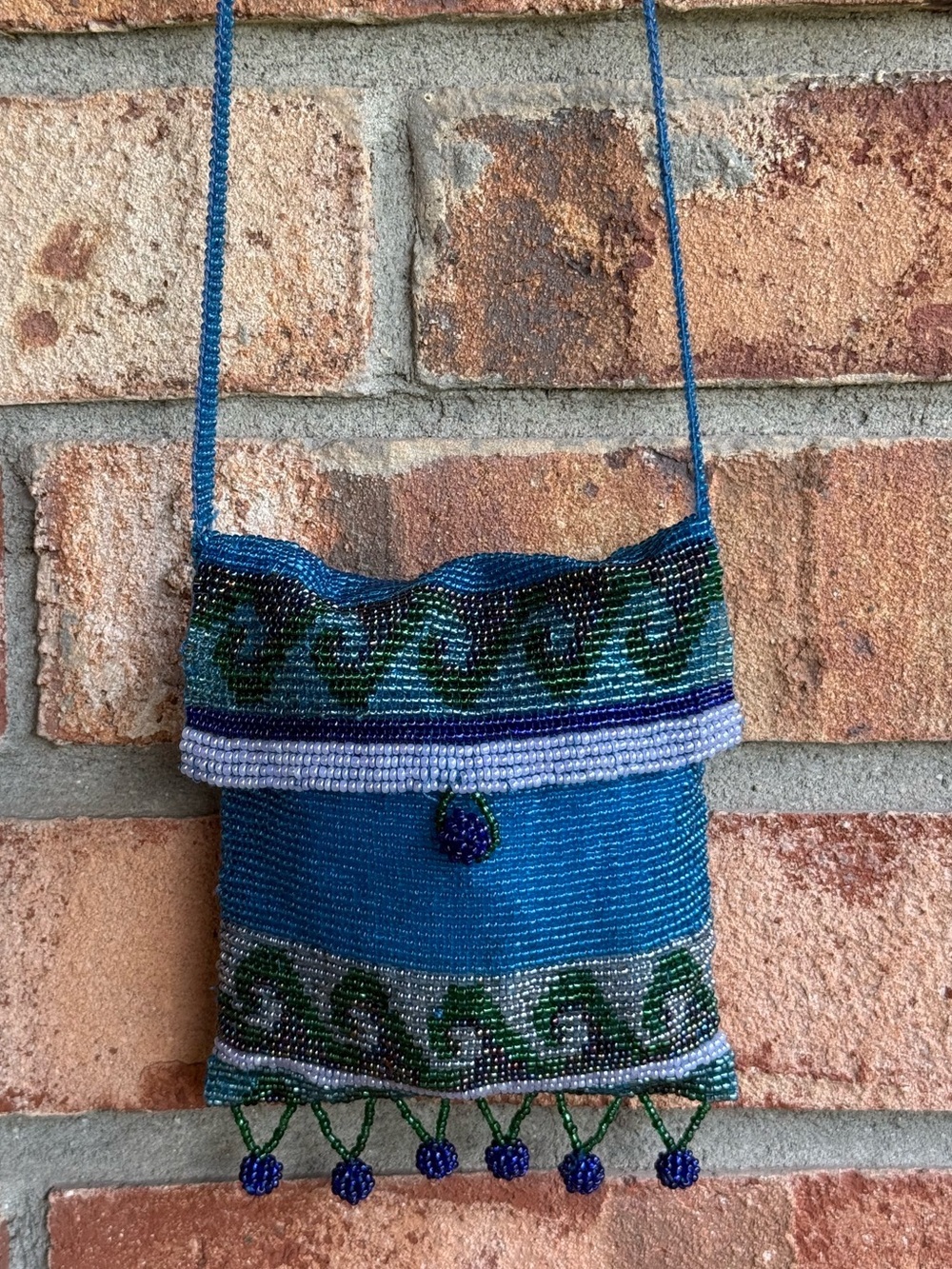 Hand Crafted Blue Beaded Crossbody Bag Iridescent Wave Design Boho Festival